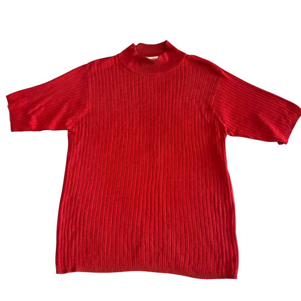 Neiman Marcus 100%‎ Silk Red Ribbed Knit Top M Mock Neck Luxe Minimalist Classic